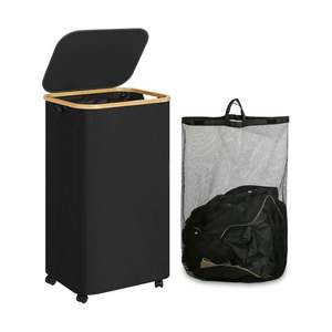 Low Price Collapsible Bamboo Wood <b>Laundry</b> <b>Hamper</b> and Cotton Bag - Product Image 1