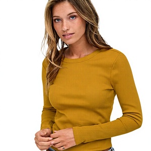 Camiseta Corta de Punto para Mujer, Color Mostaza, Manga Larga, Cuello Redondo, Corte Ajustado, Informal, Mezcla de Algodón y Elastano, Transpirable, para Todas las Temporadas - Product Image 3