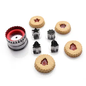 5 Pcs DIY Baking Tool Linzer Torte Cutter Stainless Steel Round Cookie Maker Cutter With 4pcs Removable Chips