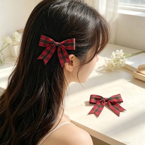 Christmas red plaid <b>bow</b> hair <b>clip</b>, sweet and cute girly New Year hair accessory. - Product Image 1