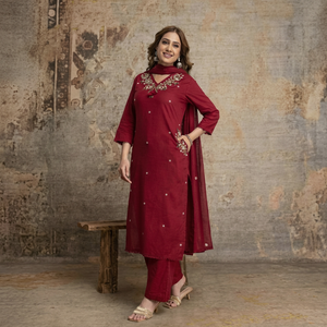 Ensemble de costume trois pièces en coton bordeaux 60x60 avec kurta brodée à la main, pantalon assorti et dupatta pour femme, style ethnique - Product Image 1