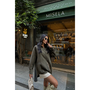 Chemise en daim pour femme, kaki, boutonnée, style décontracté, simple, tendance, chemisier - Product Image 5