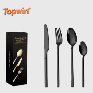 ชุดช้อนส้อมสแตนเลส Knight 24 ชิ้น ชุดเครื่องครัวรักษ์โลกสำหรับสเต็ก ส้อม ช้อน สีดำและสีทอง สำหรับเป็นของขวัญบนโต๊ะอาหาร - Product Image 1
