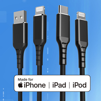 Nouveau câble USB A vers L certifié MFi, chargeur rapide 3A avec conducteur en cuivre pur et nylon pour téléphone portable et ordinateur