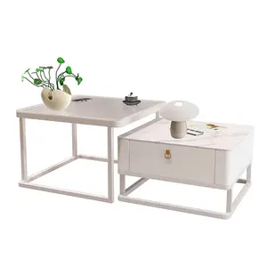 Pabrik Foshan set perabotan ruang tamu meja kopi pusat logam dengan laci meja kopi kaca mewah Modern dan dudukan Tv
