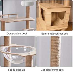 Wholesale 67 Inch Wooden Tower OEM ODM Custom Logo 14 Sisal Posts Condo Stairs 2 Bowls Padded Platform Toy Balls <b>Cats</b> - Product Image 3