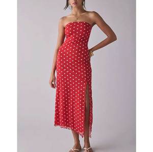 Great Quality <strong>Red</strong> and White <strong>Gingham</strong> Woven Plain Dyed Tube Maxi Dress with Natural Waistline for Flattering Silhouette Big Sizes - Product Image 1