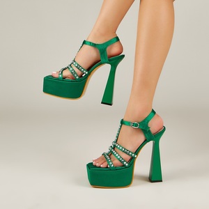 Zapatos de Mujer de Verano, Nuevos, Elegantes, de Tacón Alto, Impermeables, con Plataforma, Pedrería, Satén Negro, Punta Cuadrada, Correa de Una Línea, Acolchados - Product Image 6