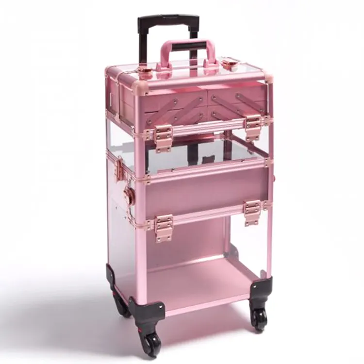 Emie Aluminum Makeup Cosmetic Train Case with Table Rolling Travel Salon Nail Trolley Hairdressing Storage Organizer Table