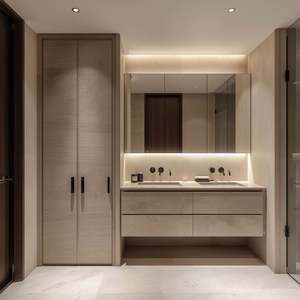 Meuble-lavabo mural de grande taille de style luxe léger de conception moderne avec miroir et armoires en bois - Product Image 1