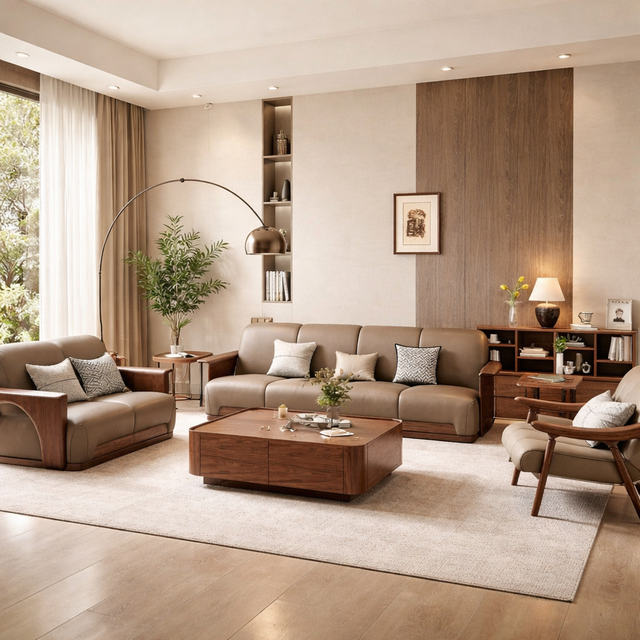 Modern Sectional Living Room Sofa Set with Genuine Leather Solid Wood Frame and High Density Sponge