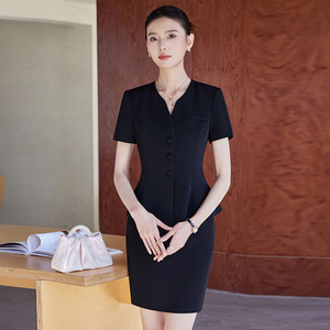 Women's V-Neck Suit Set Short Sleeve Anti-Wrinkle Office Lady Workwear Summer Professional Skirt Length Short - Product Image 5