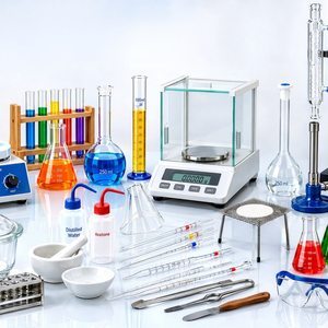 Ensemble d'équipements de laboratoire de chimie avec verrerie, béchers, flacons, pipettes, balance, agitateur magnétique pour l'éducation et les expériences - Product Image 1