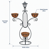 Support de pot de fleurs solaire à 3 paniers avec cadre en fer courbé, paniers en fibre de coco, décoration de jardin, patio, cour