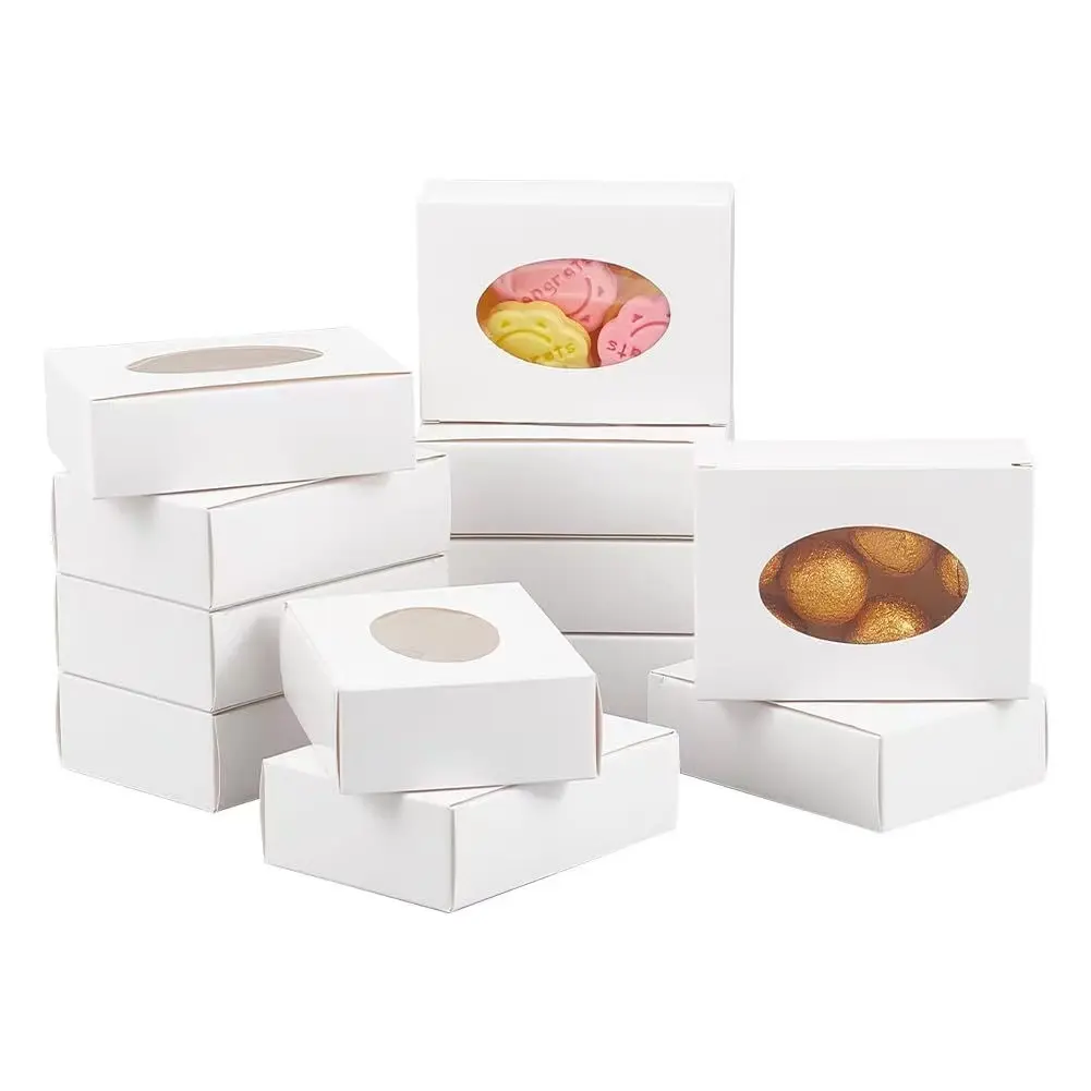 Caixa de papel Kraft artesanal oval marrom com janela para sobremesas e sabão, joia descartável personalizável, caixa para alimentos, com relevo incluído