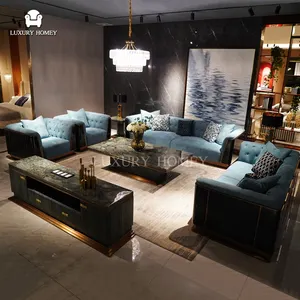Ensemble de canapés italiens modernes bleus, meubles en bois, canapés de salon de luxe, canapés sectionnels, ensemble de canapés en tissu et velours pour salon