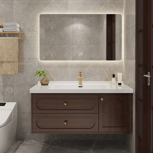 Meuble-lavabo de salle de bain moderne à usage commercial, panneau mélaminé, base en PVC imperméable, entretien facile, lavabo incurvé, miroir LED intelligent anti-buée - Product Image 2