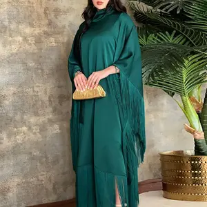Kadınlar yüksek boyun parti düğün uzun püsküller elbiseler Dubai arapça islam giyim ile giyinmiş lüks yarasa kollu Kaftan elbiseler