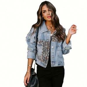 Veste en jean imprimé léopard de haute qualité pour femmes coupe décontractée laine coupe-vent avant pour les activités de plein air automne comprend des poches - Product Image 1