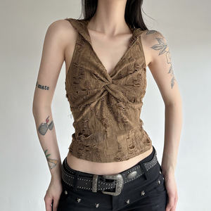 <b>Women</b> Post Apocalyptic Hooded Tank <b>Top</b> Twisted Front Textured <b>Vest</b> Sleeveless Slim Fit Retro Street Style <b>Top</b> - Product Image 6