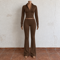Ensemble de survêtement 2 pièces pour femme, personnalisé avec logo du fabricant, pour le yoga et le sport, hiver, couleur unie, comprenant une veste à capuche, un legging et un pantalon évasé, et une bandeau.