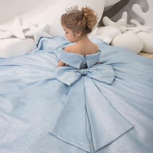S2099R New Blue One Shoulder Satin Bow fairy High-end <b>Sweet</b> Temperament Hot Selling <b>Flower</b> Girl Dress - Product Image 2