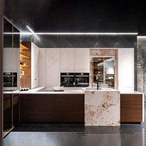 Armoires de cuisine modernes en stratifié de couleur chêne brun <span class=keywords><strong>et</strong></span> blanc haut de gamme avec comptoir en ardoise <span class=keywords><strong>et</strong></span> robinet - Product Image 3