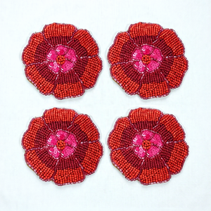 Ensemble de sous-verres perlés motif coquelicot rouge, tapis de cocktail floraux à sequins cramoisies, vaisselle de table à fleurs écarlates, approvisionnement en gros pour l'exportation - Product Image 1
