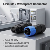 Connecteur étanche M12 4 broches mâle/femelle 7A 300V à verrouillage par pression IP67, fiche circulaire industrielle multipolaires avec contacts en alliage de cuivre pour