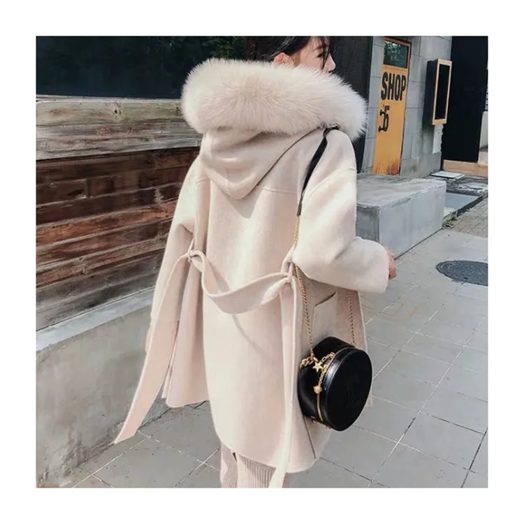 Alpha-manteau à capuche pour femmes, vêtement en laine blanche, manteau d'hiver avec ceinture, grande taille, en cachemire, de renard, collection 10%