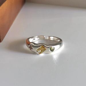 Bague superposée en argent sterling S925, design original, cœur irrégulier, étoile, couleur bonbon jaune vert, zircon, avec incrustation en forme d'œil - Product Image 1