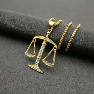 Collier Pendentif Zodiaque Balance en Acier Inoxydable Plaqué Or avec Sertissage Pavé, Chaîne 3mm 61cm, Bijoux Hip Hop - Product Image 4