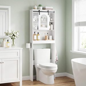 Meuble de rangement pour salle de bain au-dessus des toilettes avec porte coulissante, organisateur de salle de bain de style farmhouse de 32,3 po de large avec porte-papier toilette - Product Image 1