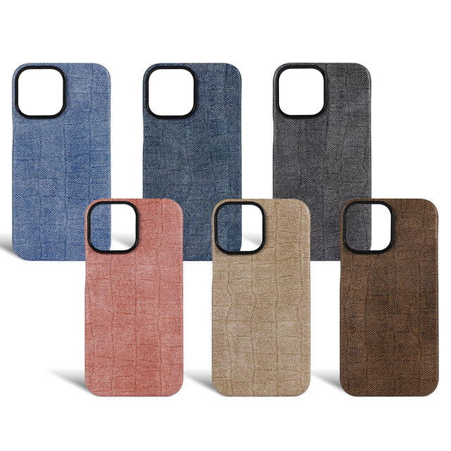 Wholesale Jeans Denim Canvas Fabric Shockproof PU Leather Wrapped Phone Case Microfiber Lining for iPhone 14 15 16 Pro Max Case