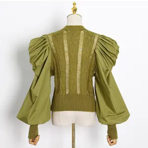 महिलाओं के फैशनेबल लंबी लालटेन आस्तीन स्वेटर पैचवर्क बुना हुआ स्वेटर