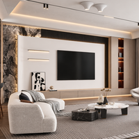Meuble mural TV incurvé de luxe, écologique et durable, avec rangement personnalisé, console TV flottante et étagères d'affichage à coins arrondis