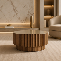 Table basse ronde en bois cannelé à 2 niveaux avec base tambour côtelée et plateau lisse pour salon et mobilier de maison