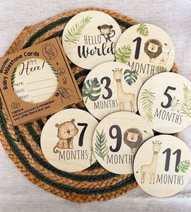 Safari Animals Newborn <b>Cards</b> Baby Shower Gift Monthly Wooden Discs Hello World <b>Milestone</b> Pregnancy - Product Image 1