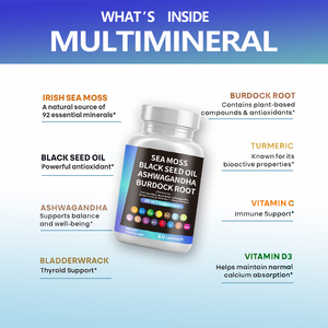 Fábrica Personalizar Atacado Sea Moss Black Seed Oil Ashwagandha Bardana <span class=keywords><strong>Root</strong></span> Cápsulas Suplemento para Suporte Bem-Estar Geral - Product Image 4