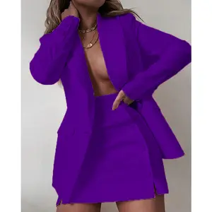 Setelan Jas Warna Polos Jaket Setelan Kecil Rok Pendek Set Dua Potong Blazer Set untuk Wanita