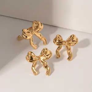 New Earrings Wholesale Bulk Stainless Steel Ring Necklace Pearl Gold Bow Stud Earrings