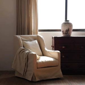 Wabi Sabi Style Japanese Cream Linen Cotton Armchair Removable Washable Fabric Sofa Living Room Guesthouse Furniture - Product Image 1