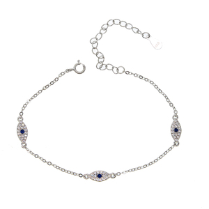 Pulseras de la Suerte Adorables con Cadena Delicada y 3 Dijes de Ojo Turco Chapados en Oro con Circonitas Cúbicas Blancas y Azules - Product Image 3