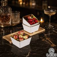 Ensemble de 3 bols de service carrés en porcelaine avec intérieur doré et plateau en bois, plat à fruits et en-cas en céramique pour la maison, le bar, l'hôtel, le salon, cadeau