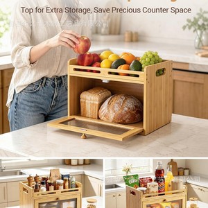 Boîte à pain en bois, conteneur de rangement en bambou avec porte en verre, organisateur de comptoir de cuisine pour le pain et les produits de boulangerie - Product Image 4