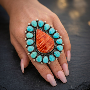 Natural Oyster Turquoise Rhodium Plated 925 Sterling Silver Statement Ring Fine Jewelry Women's Party Wear Handmade - Product Image 2