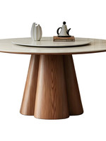 Massivholz-Esstisch im Mid-Century-Stil mit Quarzstein, Luxuriöser High-End-Look, Runder Drehbarer Multifunktionaler Esstisch