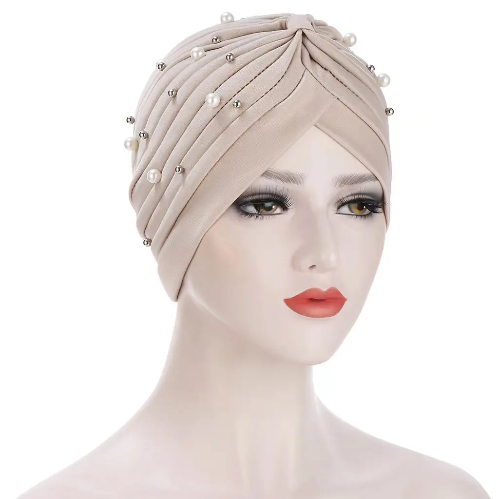 Nieuwe Mode Tulband Caps Islamic Head Wrap Strass Parels Dames Bandana Head Wrap Bonnet Hoed