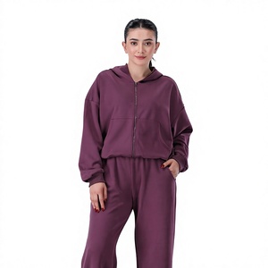 <b>Women's</b> <b>Purple</b> Hooded <b>Tracksuit</b> Full Zipper Loose Fit Solid Color Casual Sweatshirt And Pants Set Autumn Wear - Product Image 1