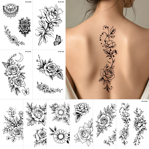 Lot <span class=keywords><strong>de</strong></span> 10 autocollants <span class=keywords><strong>de</strong></span> <span class=keywords><strong>tatouage</strong></span> temporaire noir à motifs floraux, style ligne artistique, roses, faux tatouages imperméables pour le corps - Product Image 2